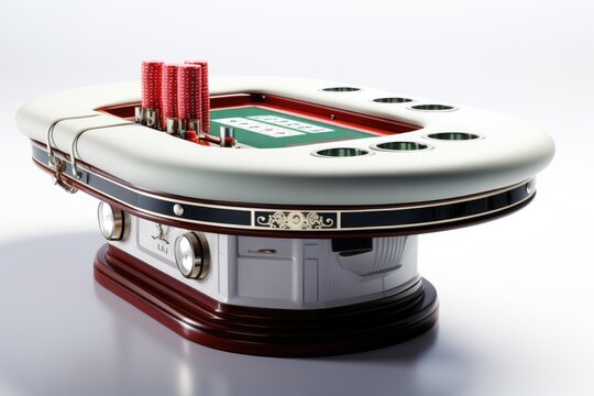 A poker table with stacks of chips on top of it. Digital image.