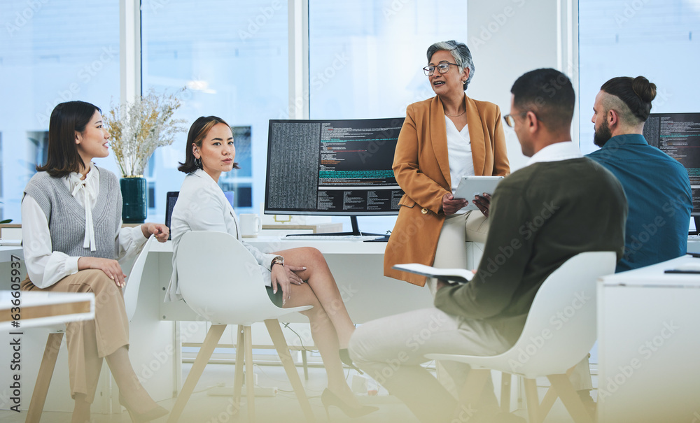 Poster Meeting, mentor and programmer with business people in office for coding, developer or information technology. Teamwork, code review and feedback with employees in digital agency for it cybersecurity