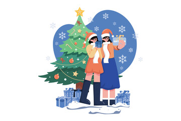 Friends Exchanging Christmas Presents Illustration concephristmas  white background