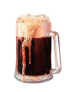 Watercolor illustration of root beer mug with foam, isolated on white background.