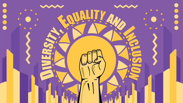 Diversity, Equality and  Inclusion  vector banner design with Geometric shapes, patterns and vibrant colors on a horizontal background. Diversity, Equality, Inclusion modern minimal poster.