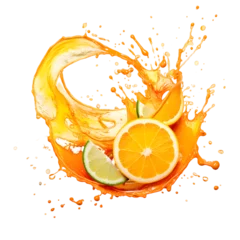 Foto op Canvas Orange slices with splashing juice illustration isolated on transparent background © Oksana