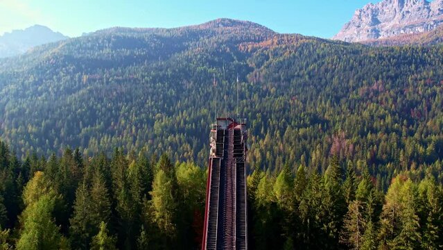 Aerial view of the Ski jumping hill of Cortina d'Ampezzo, Veneto, Italy