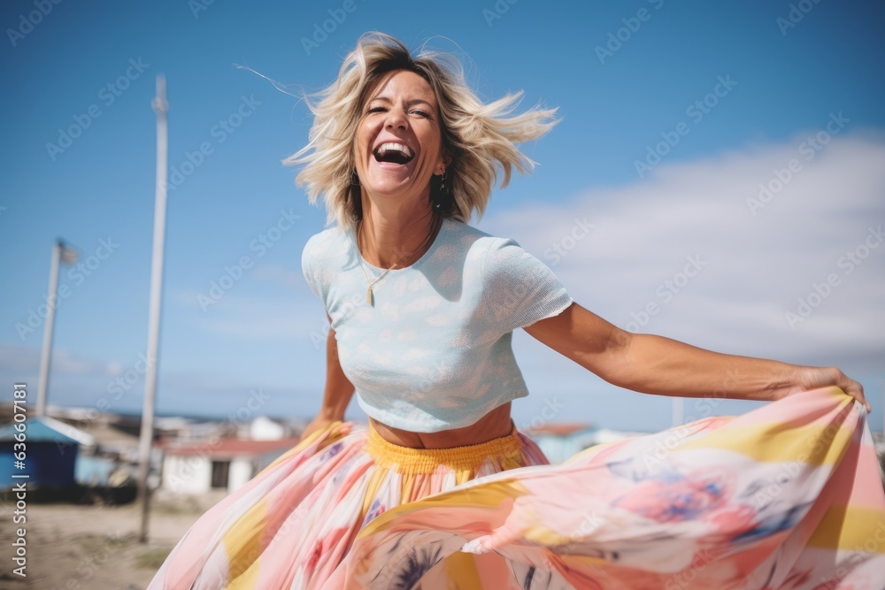 Wall mural portrait of a happy young woman laughing and dancing on the beach