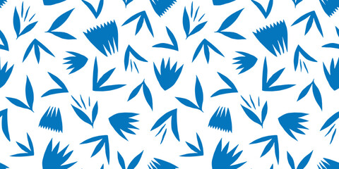 Seamless abstract vector pattern with blue flowers and leaves. Vector floral ornament for wallpaper or textile.