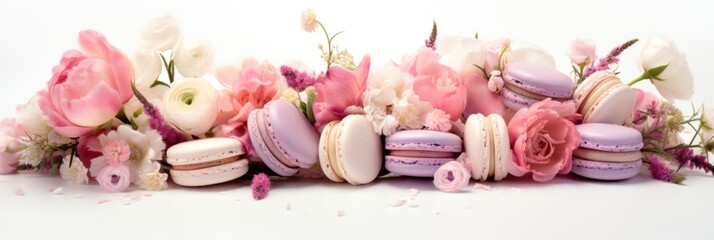 A bunch of macarons and flowers on a table. Digital image. Wedding decor.