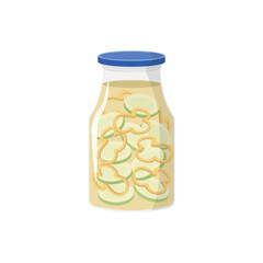 Jam or compote jars. Canned fruit or berries. Preserved fruit in glass jars set vector illustration. For Farmer Market Branding. Organic food eco template. Sweet dessert with vitamins