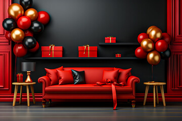 Black Fridat sales banner / poster with sofs couch furniture gifts and balloons