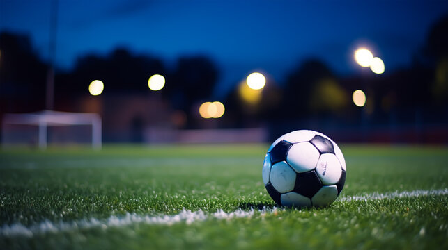 Soccer ball on green grass of football stadium at night with lights