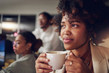 Coffee, office and business woman thinking in coworking company with night idea and relax. African female person, tea and staff with latte drink and creative work ideas and employee with planning