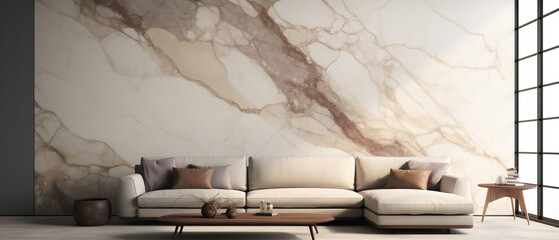 Tło - nowoczesna marmurowa ściana - luksusowe wnętrze inspiracja; minimalistyczny salon z dużą kremową sofą, drewnianym stolikiem i industrialnym oknem - odcienie beżu i brązu, kolory ziemiste