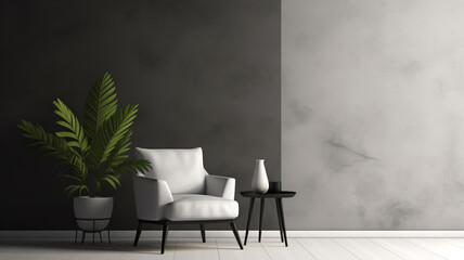 black and white interior in sunlight with armchair grey wall and plants