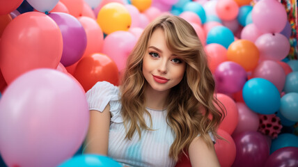 Fototapeta na wymiar Vibrant balloons form the backdrop for a lovely girl