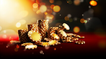 The backdrop captures a casino scene with flying golden chips rendered in a realistic style