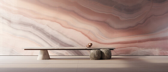 Tło - nowoczesna marmurowa ściana - luksusowe wnętrze inspiracja; minimalistyczna kamienna ława - pudrowy róż