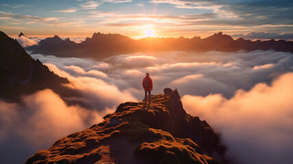 tourist man on top of the mountain landscape cloud lake sunlight