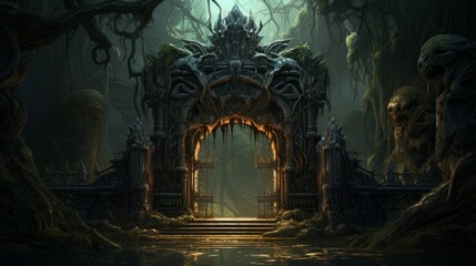 Mysterious Halloween background with an arch in the forest. Mystical dark forest with an old temple and trees. Gothic gate in a fantasy jungle with trees, 3d render.
