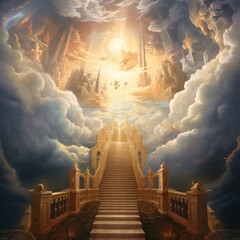 Fototapeta premium Golden gates to heaven. Stairway that leads to a big, beautiful heaven entrance. Shiny golden staircase to heaven, interpretation. Fantasy portal to heaven with a blue sky and white clouds.