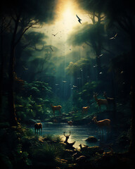 Obraz premium deep rain forest with silhouette of various animals, hyper realistic, dramatic light, Create using generative AI tool.