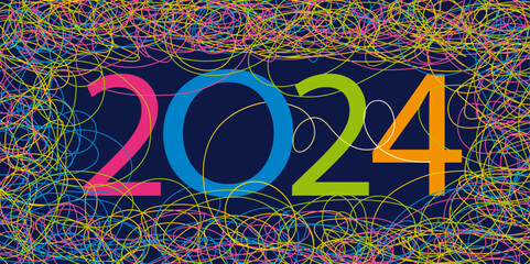 Carte de vœux 2024 pour un événement artistique, avec un graphisme original fait de traits colorés sur un fond noir.