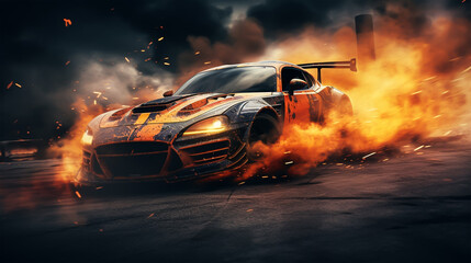 Burning sports car on the road