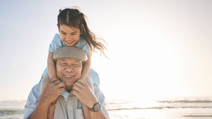 Portrait, sunset and a girl with her grandpa on the beach for a holiday or vacation during...