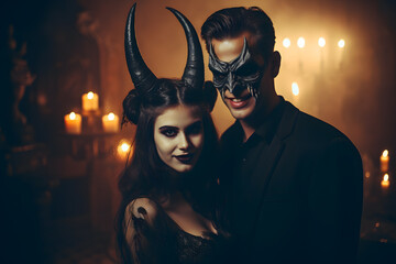 young couple with devils horns and demonic eyes wearing halloween costume
