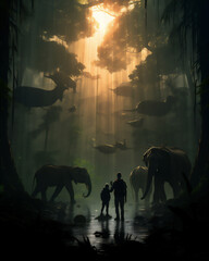 deep rain forest with silhouette of various animals, hyper realistic, dramatic light, Create using generative AI tool.