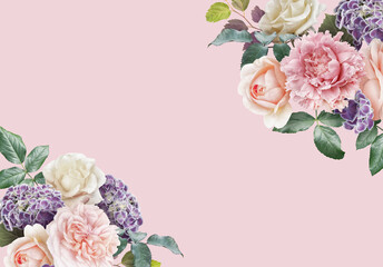 Floral banner, header with copy space. Pink peony, ivory roses  and purple hydrangea isolated on pastel background. Natural flowers wallpaper or greeting card.