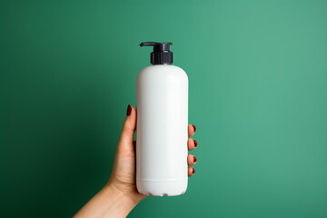 Woman hand holding unbranded plastic white dispenser bottle over green background - Cosmetic product mockup - Generative AI.