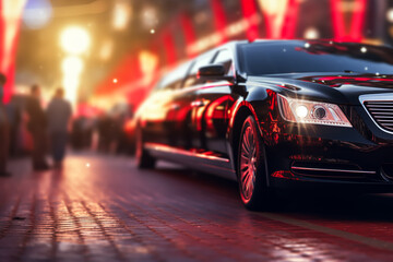 Fototapeta na wymiar Side view of luxury sport car on red carpet in showroom.