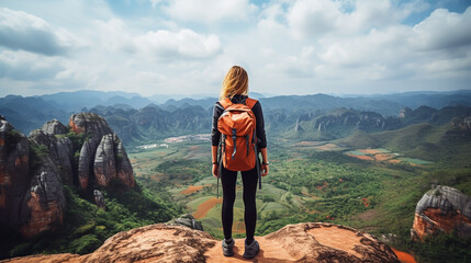Young woman hiker with backpack standing on top of the mountain and looking at the valley