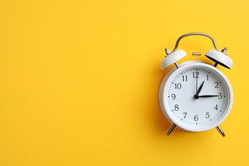 Alarm clock on a plain yellow background - obrazy, fototapety, plakaty