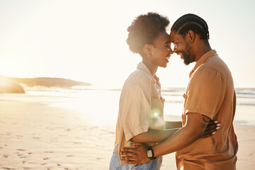 Beach sunset, forehead and laughing black couple bonding, connect and enjoy relax summer, funny joke or honeymoon together. Romantic love, flare and African people on holiday, intimate date or travel