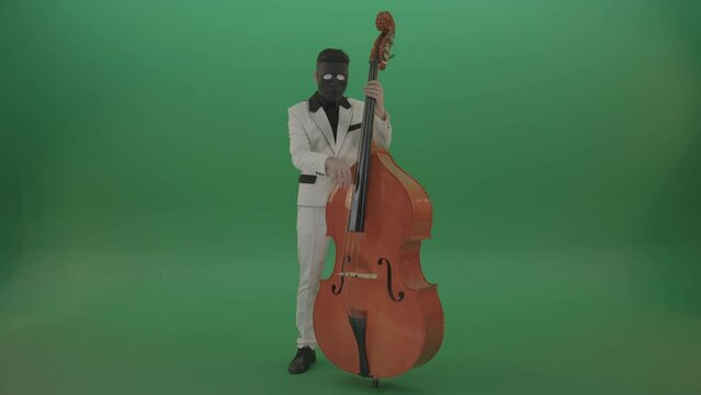 Man in white costume and blac mask play jazz music on double bass orchestra music instument isolated on green screen