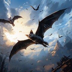 Picture of Halloween bats flying in the sky on a light background, vector illustration. Halloween background with bats flying in a cloudy spooky sky with a glimmer of light.