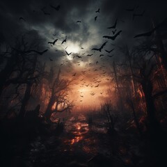 Halloween background with bats flying in the night scary forest with dark clouds vector illustration. Halloween background with bats flying in the night scary forest with full moon.