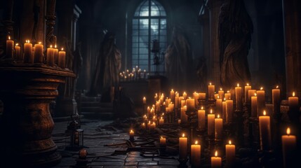 Dark haunted house room filled with candles on Halloween night. Spooky environment with lots of candles standing in the darkness with a blurred background. Beautiful candles in an old house background