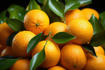 Fresh Orange background. Fresh Mandarins with leaves . Waterdrop Wet Leaf Raw Food Photography top view. Vitamin C