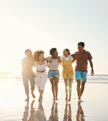 Summer, space and travel with friends at beach for freedom, support and sunset. Wellness, energy and happy with group of people walking by the sea for peace, adventure and Hawaii vacation mockup