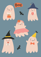 halloween postcard with cute ghoasts