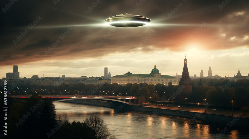 Wall mural Urban Legends in the Making: UFO Over Moscow's Icons, Generative AI