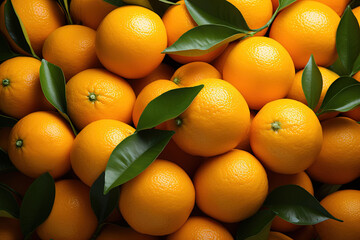 Fresh Orange background. Fresh Mandarins with leaves . Waterdrop Wet Leaf Raw Food Photography top view. Vitamin C