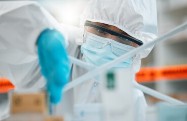 Laboratory, product inspection or person check safety security of hospital clinic, contamination or medicine. Shelf investigation, PPE hazmat suit or healthcare worker analysis of medical danger risk