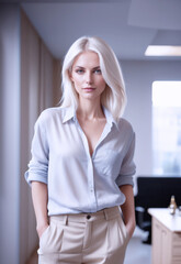 immagine primo piano di giovane affascinante donna in abbigliamento casual, sfondo ambiente ufficio, home office, moderno e luminoso