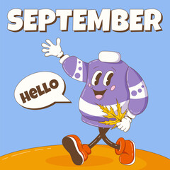 Fototapeta premium Hello September. Retro groovy sweater character greets and holding a maple leaf. Autumn, fall background, square format, dialog box. Vector cartoon illustration.