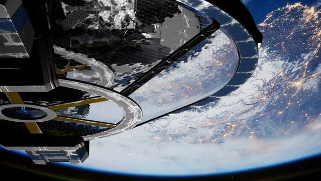 space-age laboratory constructed from metal and glass, resembling a spaceship, spinning around the planet. elements furnished by nasa