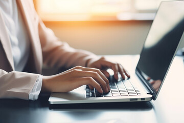 Closeup of business woman hand typing on laptop keyboard