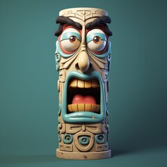 Carved Wood Column Character With Vivid Emotion of Angry