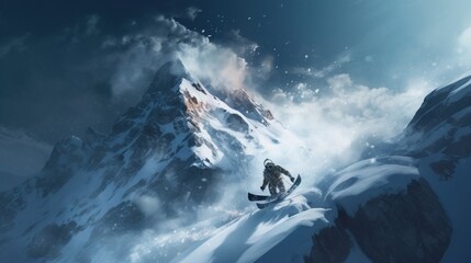 Skier on background of snow-covered mountain in rays of sun quickly descends. AI generated.